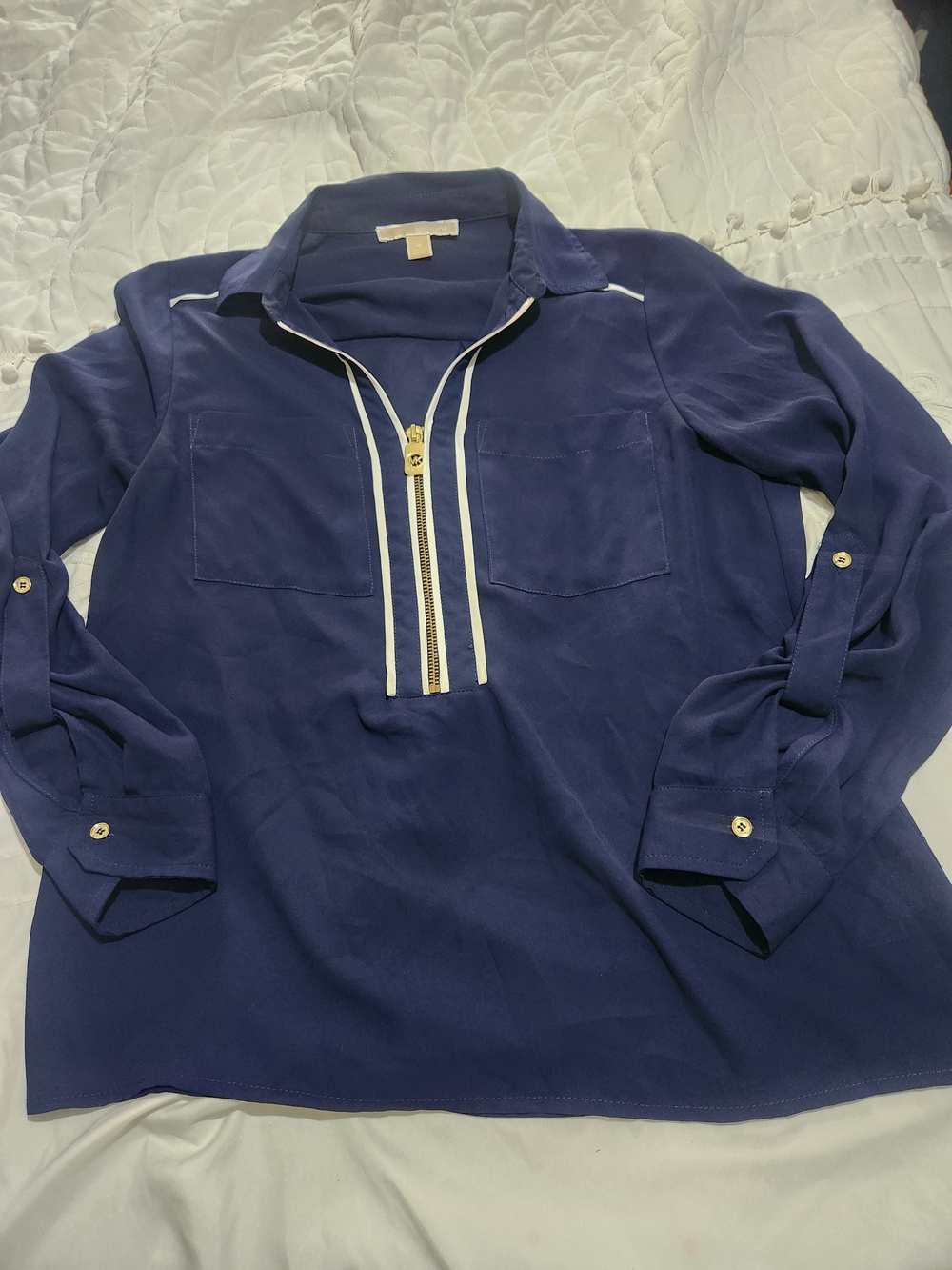 Michael Kors Navy Popover Blouse with White Trim and Gold Zip